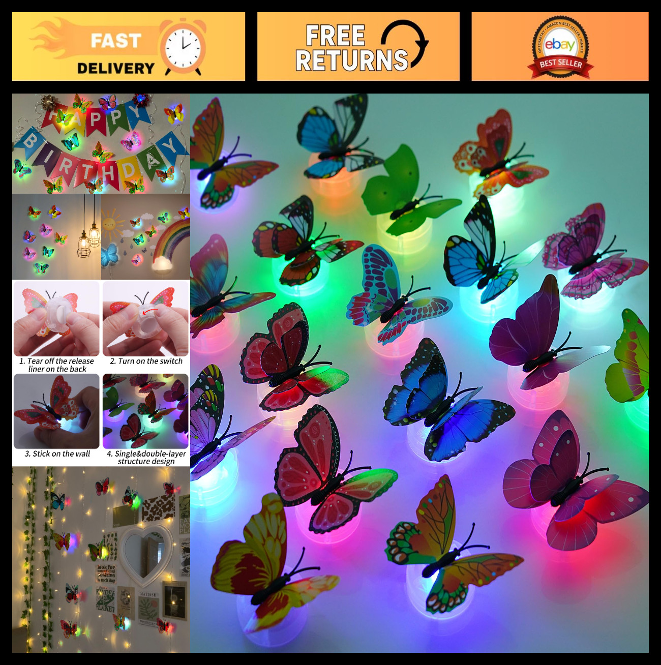 3D Butterfly Wall Decor with LED Lights, Glow-in-the-Dark Stickers, 48 Pcs for B