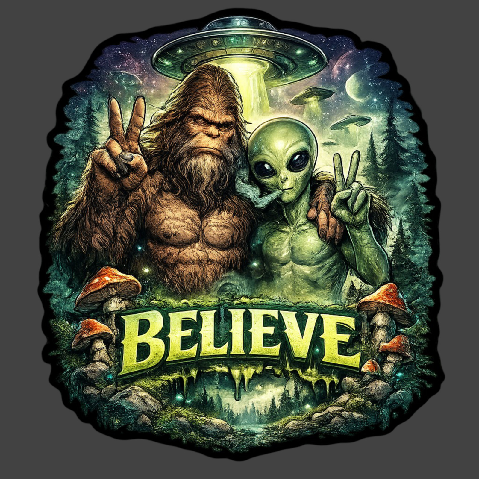 Bigfoot Alien Sticker Vinyl Decal Believe UFO Sasquatch Peace Sign Forest