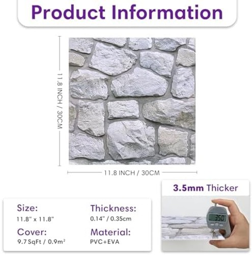 3D Faux Stone Wall Panels Peel and Stick Whitewash, 10 Pcs 11.8" x 11.8", Sto…