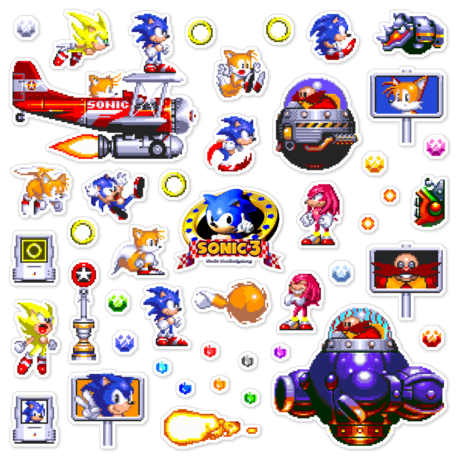 Sonic the Hedgehog 3 Stickers Sega Genesis Pixel Art 45 Sticker Pack