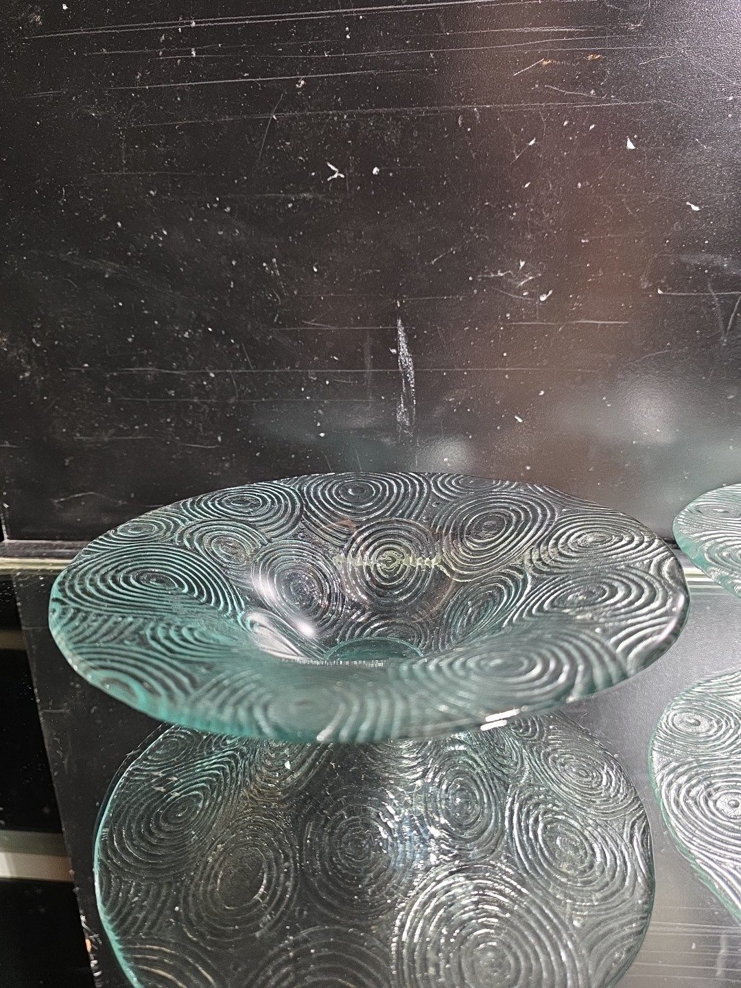 Vintage Clear Glass Pedestal Bowl Concentric Swirl Spiral Textured Art Glass 9"
