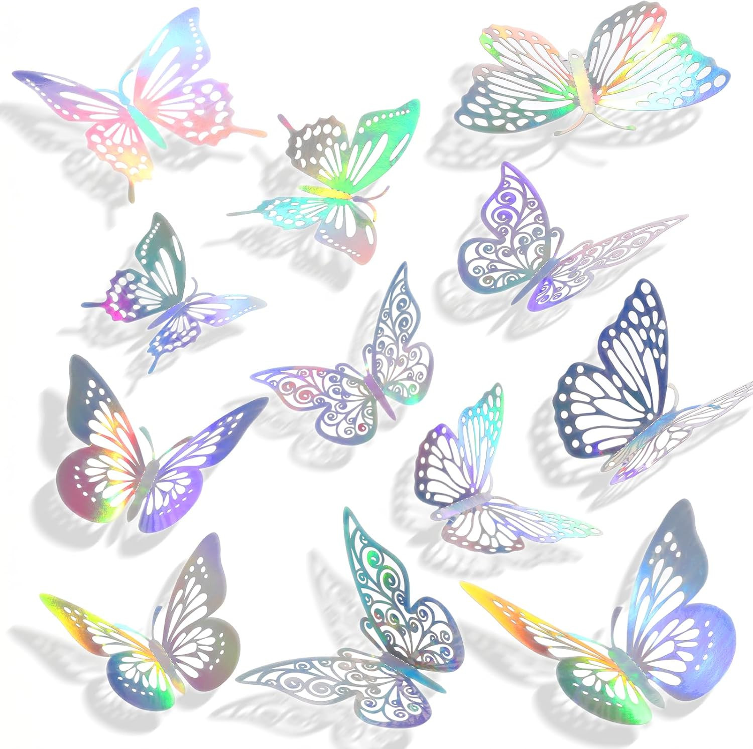48Pcs 3D Butterfly Wall Stickers Silver Laser Decals Wedding Cake Party Decor