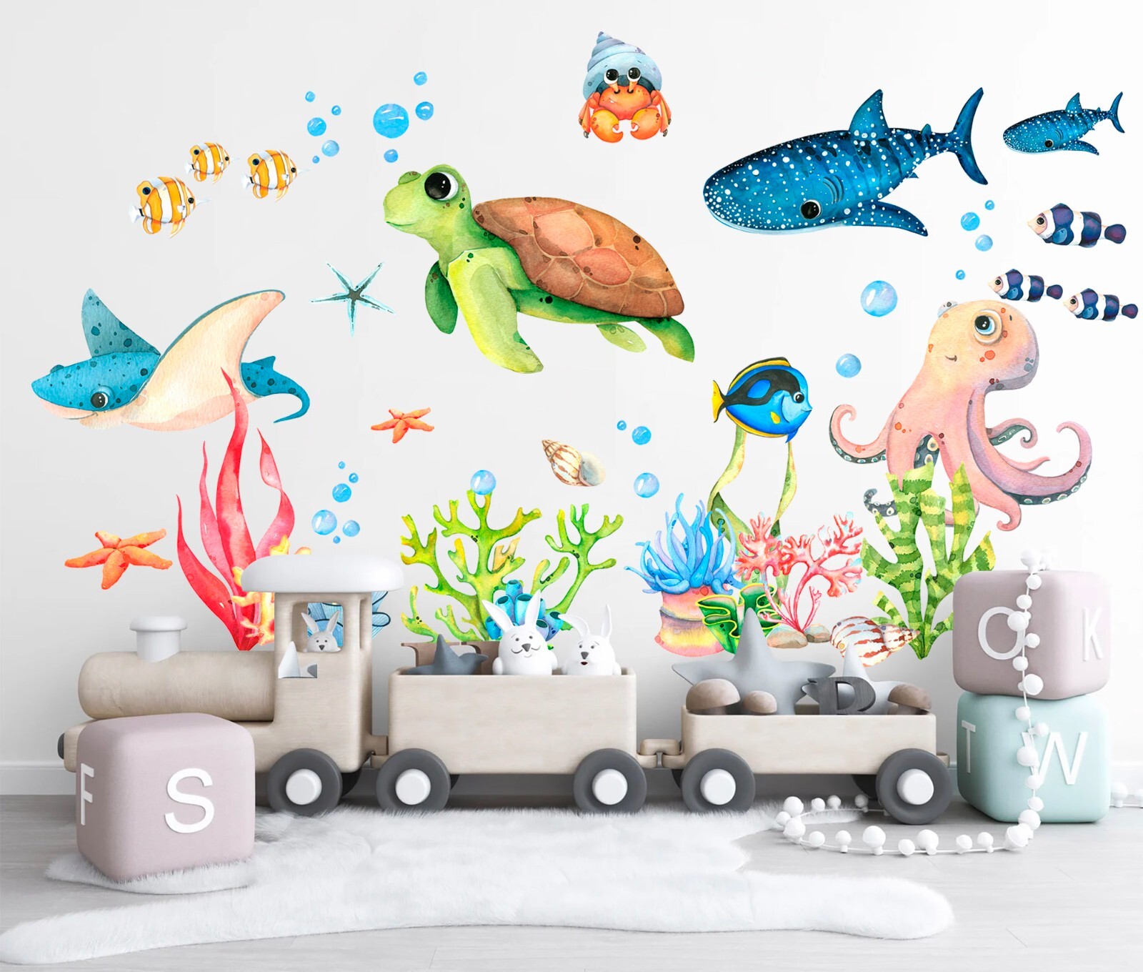 Underwater World Baby Whale Turtle Seahorse Coral Removable Wall Decal Stickers