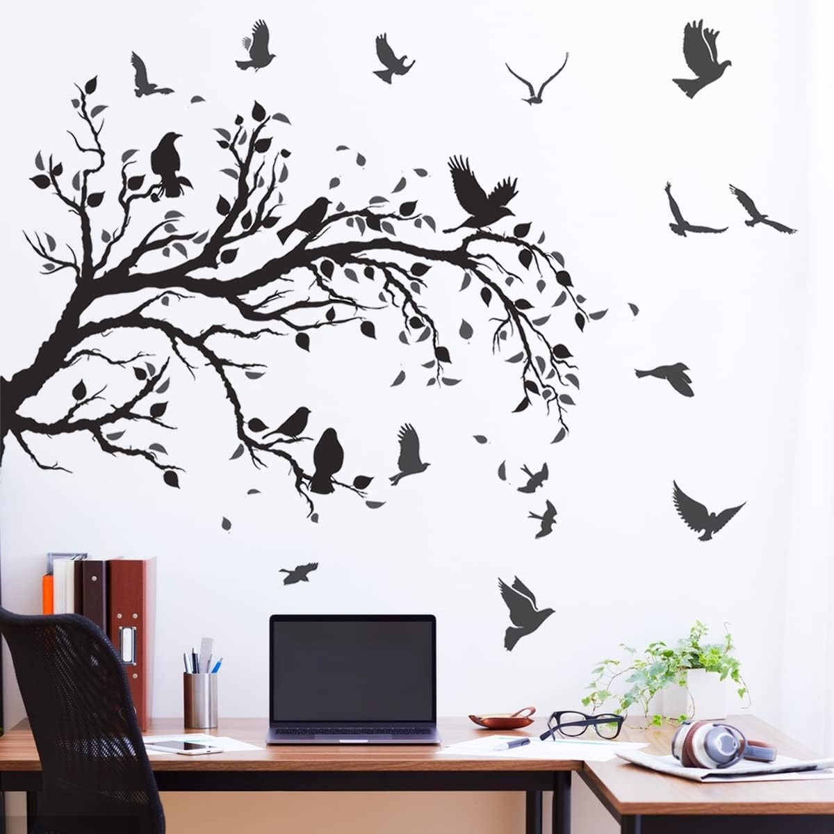 Black Tree Branch Flying Birds Wall Decal 50"" × 30"" DIY Birds Left to Right