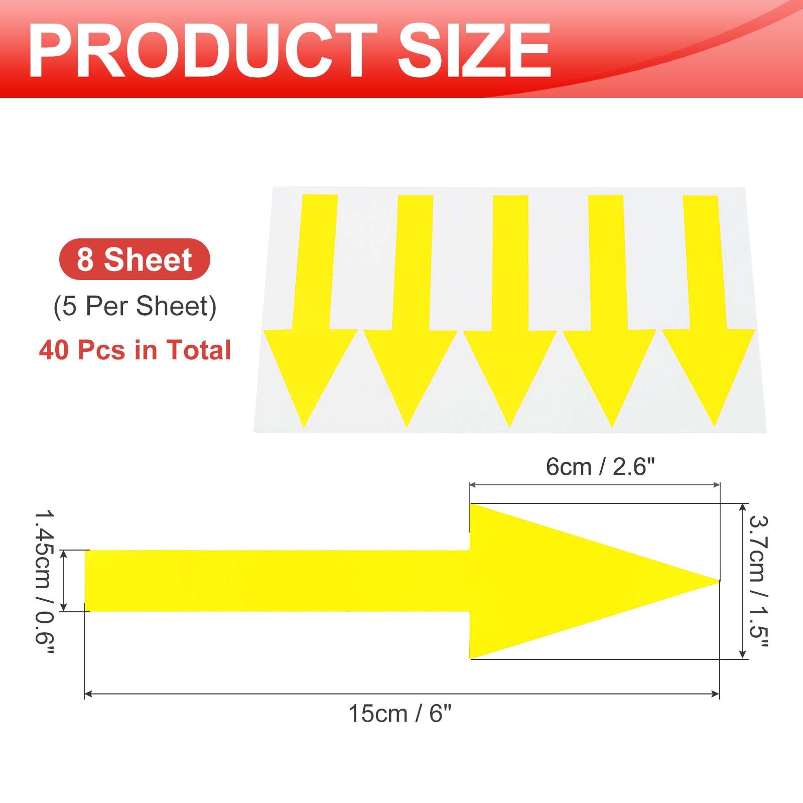 Arrow Sticker, (6×1.5 Inch, Yellow) (40 Pcs), Waterproof Arrow Sign Sticker