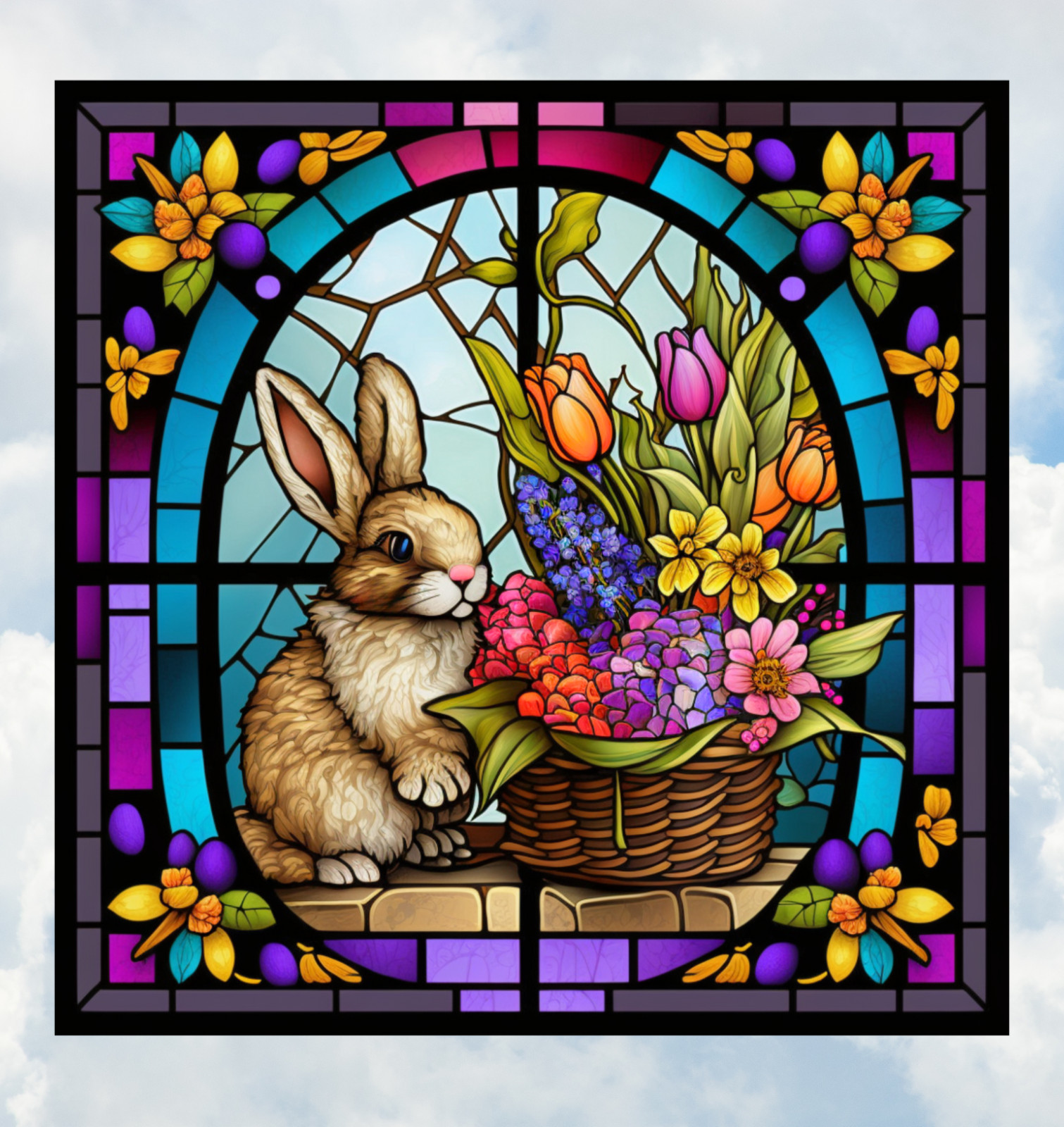 Spring Bunny, Flower Basket Faux Stained-Glass WINDOW CLING Size 8" Square Vinyl