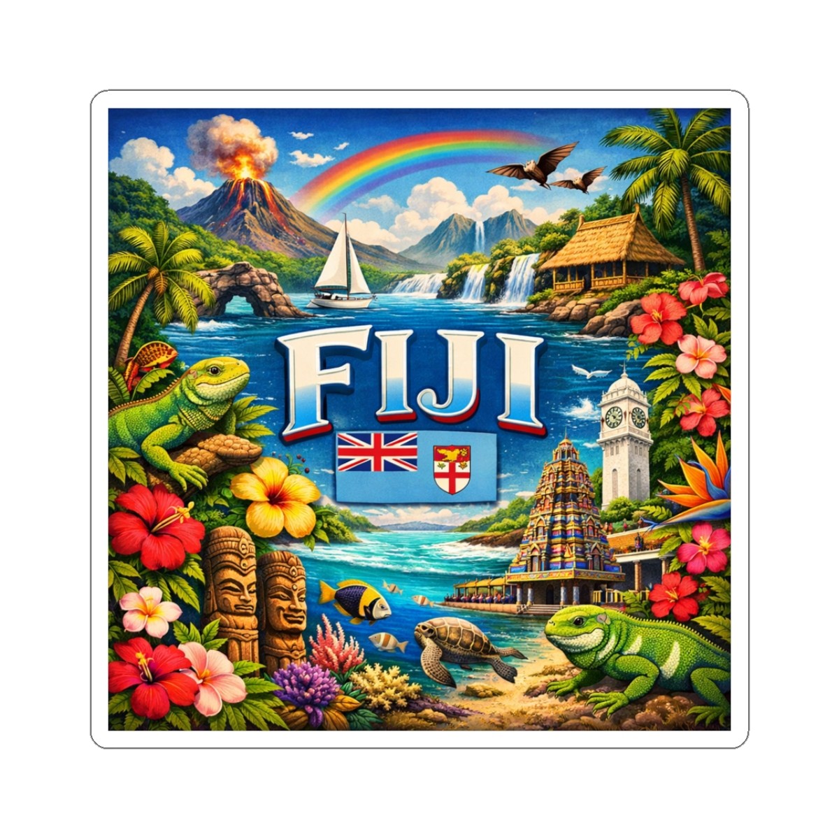 Fiji Tropical Island Sticker | Square Travel Decal, Palm Trees & Rainbow