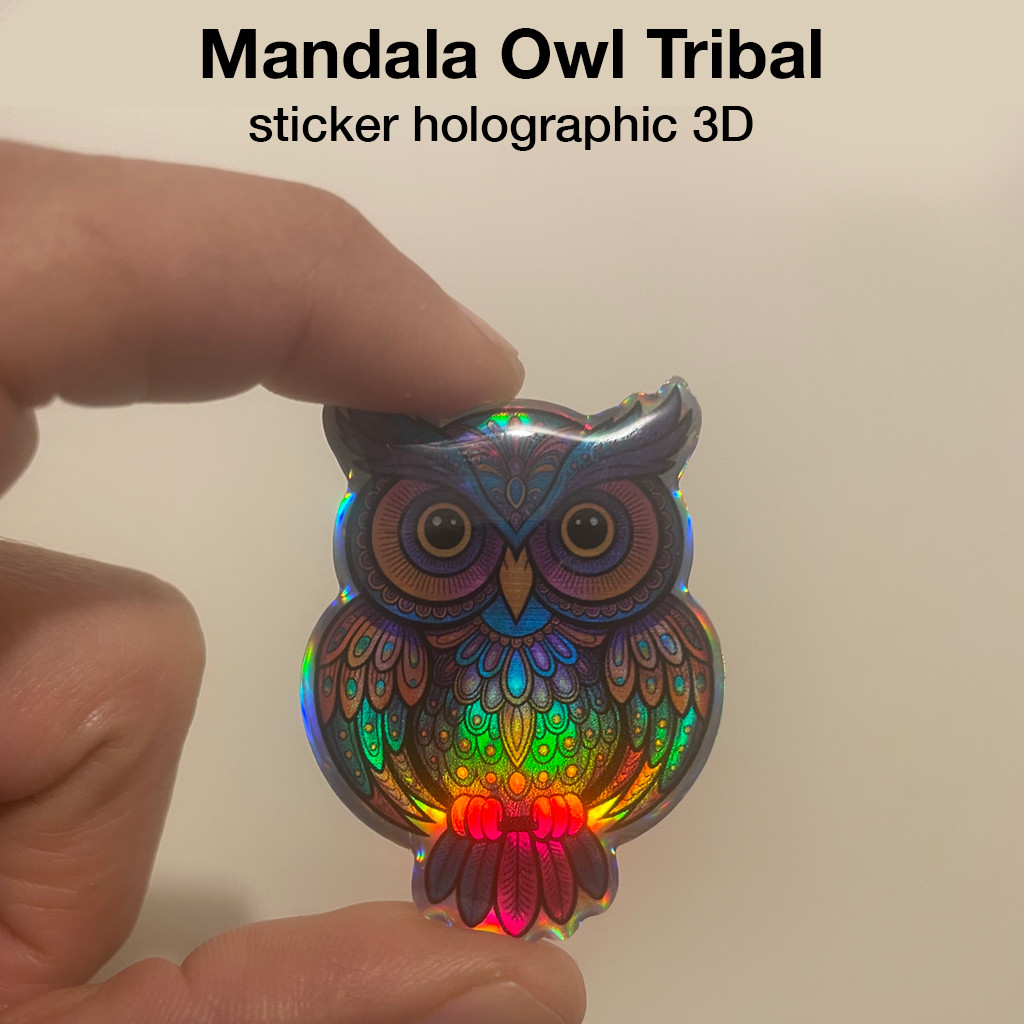 Mandala Owl Tribal Holographic Sticker 3D Resin, Waterproof, Laptop, Phone, Car