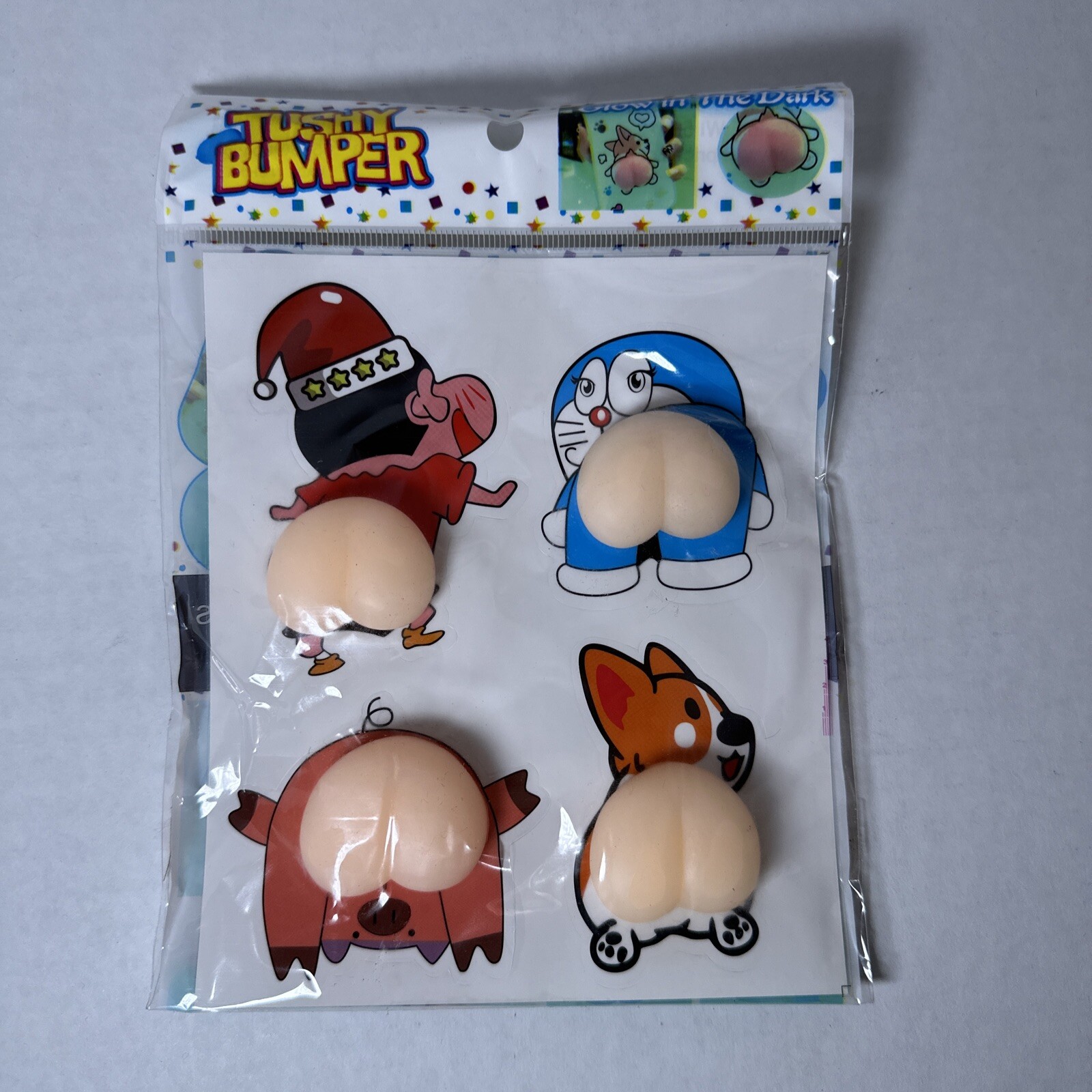 4 PACK GLOW IN THE DARK TUSHY BUMPER PEEL OFF STICK-ON SQUISHY BUTTS STICKERs
