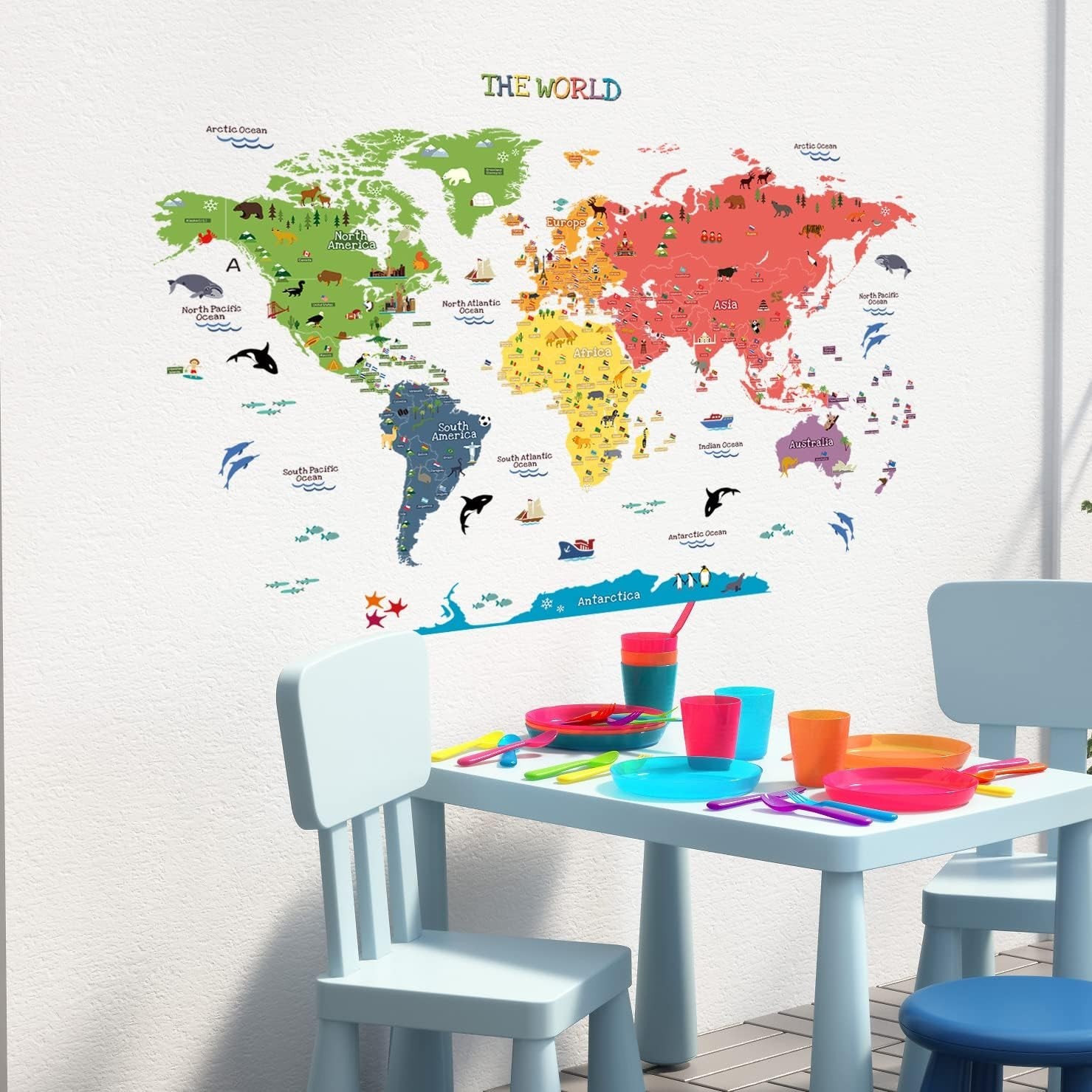 Removable World Map Wall Stickers with Animals – Perfect for Children's Spaces