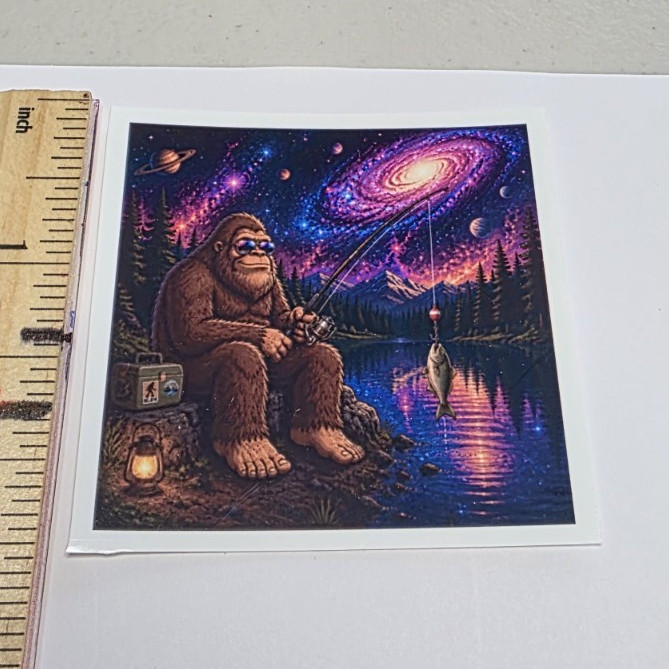 Bigfoot Fishing Galaxy Space Art 3in Square Multicolor Sticker Decal