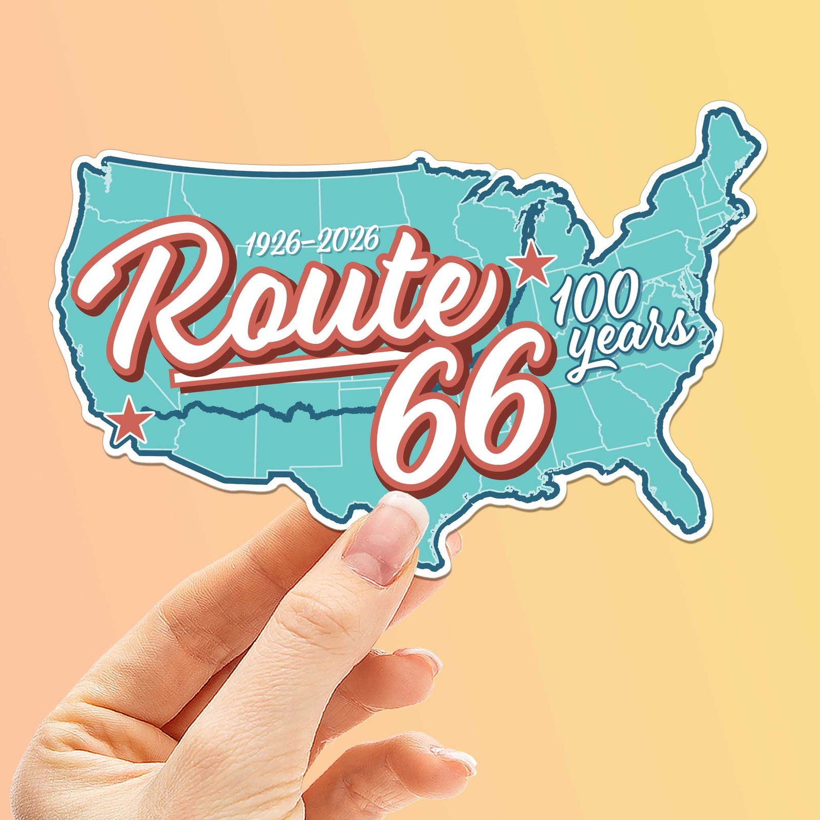 100th Anniversary Route 66 Sticker – Retro USA Road Map- Thermos & Laptop Decal