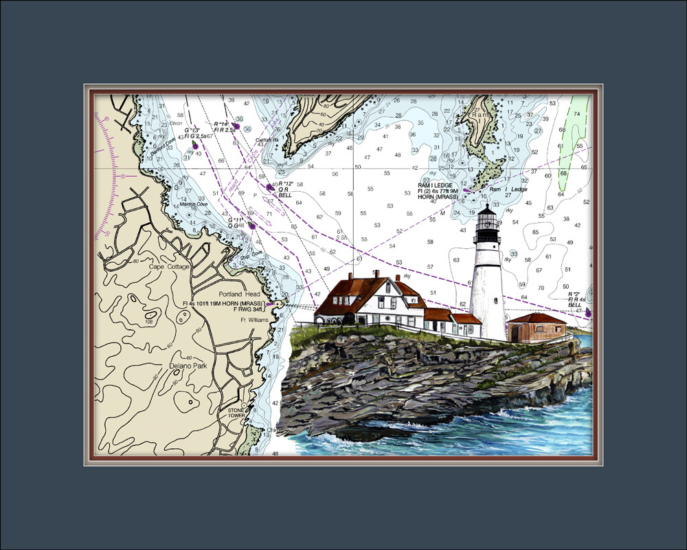 Portland Head, ME Lighthouse and Nautical Chart High Quality Canvas Print