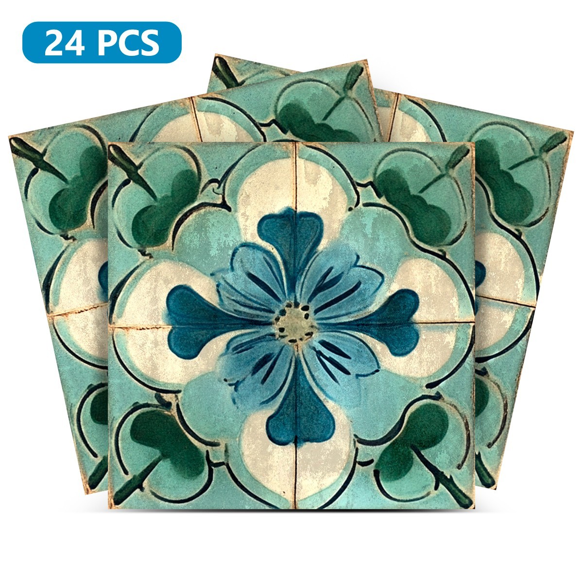 Peel Snd Stick Tile Stickers 24 Unit Pack Green Floral