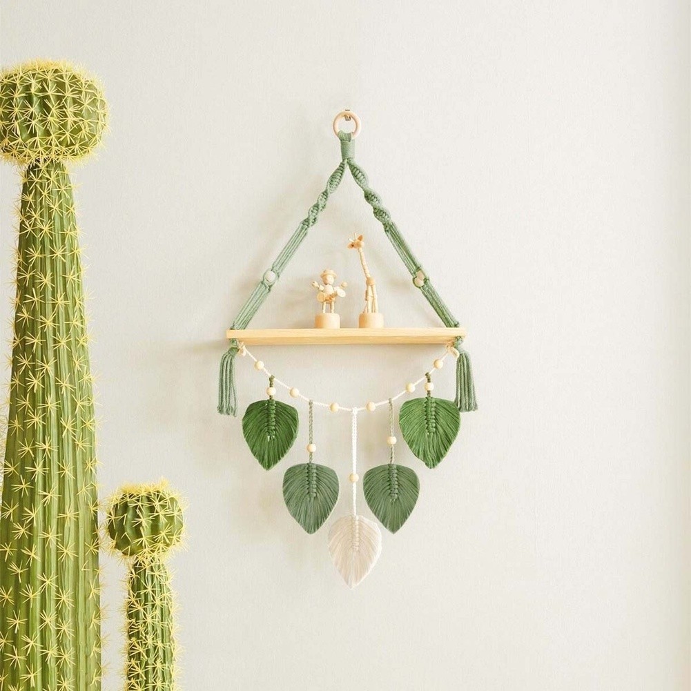 Green Woven Wall Shelf for Plants Bohemian Macrame For Living Room Decor