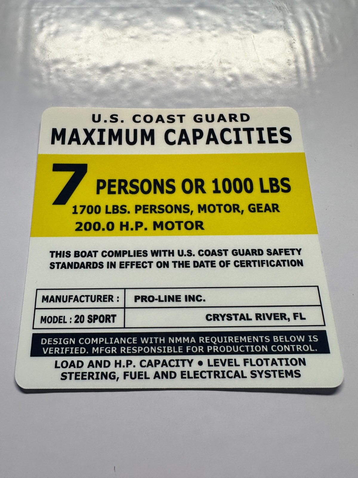 Pro-Line 20 Sport Capacity Decal Sticker | USCG 7 Person 200 HP Marine Tag