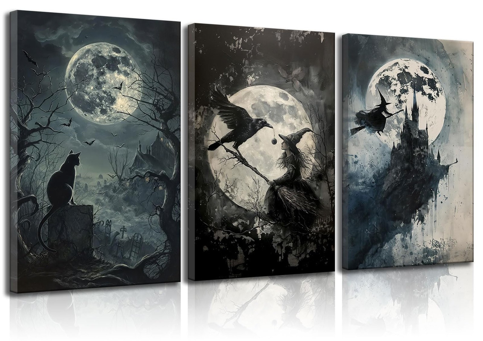3Pcs Halloween Witch Canvas Wall Art Vintage Witchy Woman Black Cat Crow Wall…