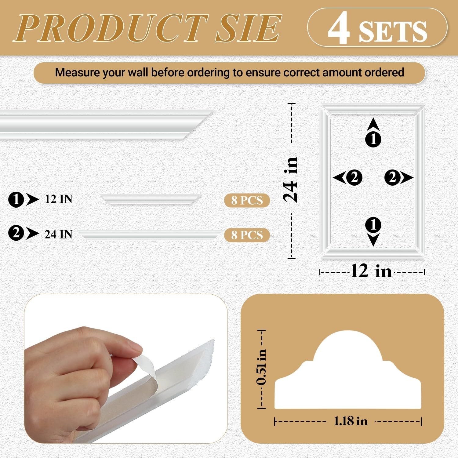 4 Set Peel and Stick Wall Molding Trim Kit, Premade Wainscoting Panels, White…