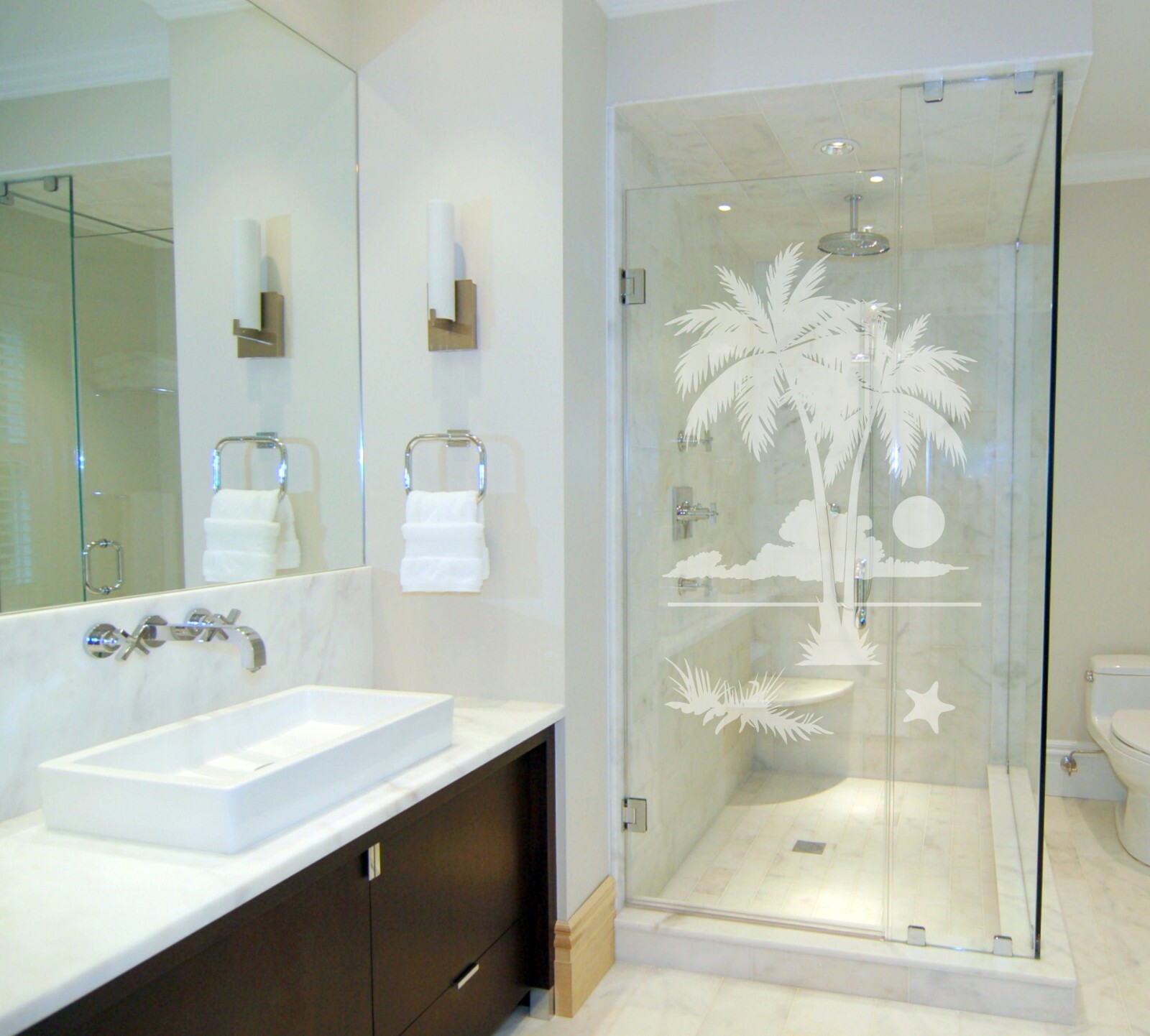 2 Palms Sunset Etched Glass Look Decal Shower Doors Windows 18" wide x 27" tall