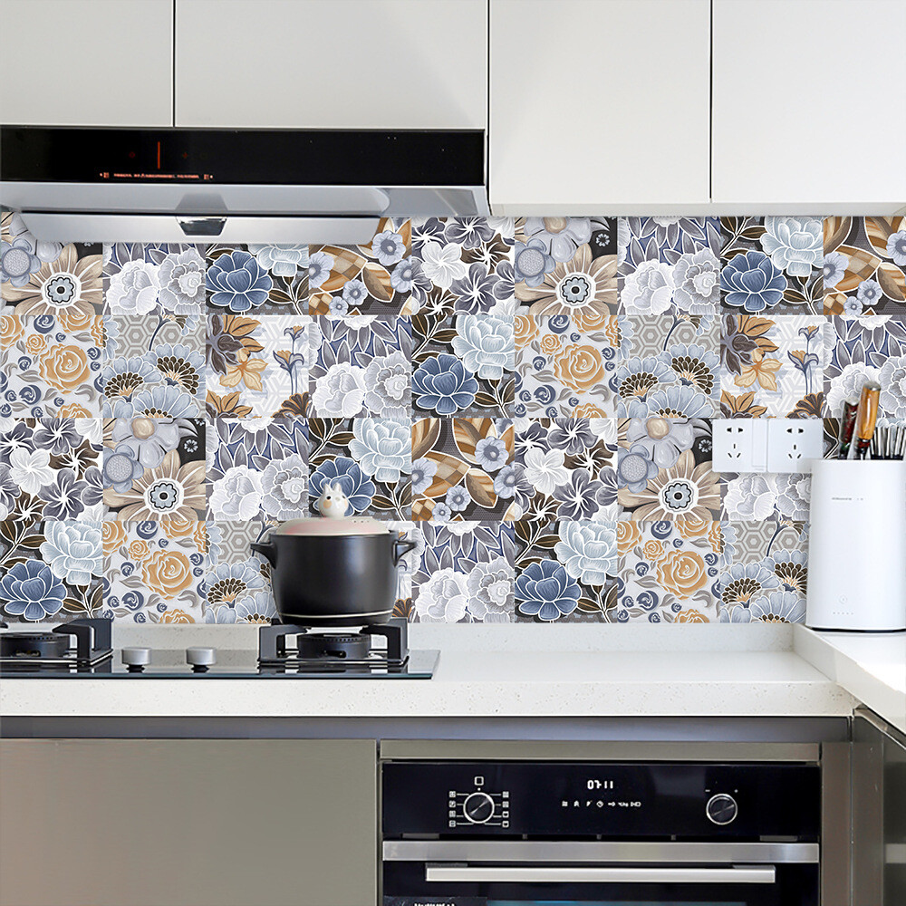 10X Self Adhesive Ceramic Tiles Wall Sticker Marble Flower Bedroom Kitchen Decor