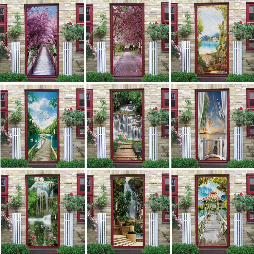 3D Door Sticker Wallpaper Self-Adhesive Door Mural Removable Vinyl Home Decorati