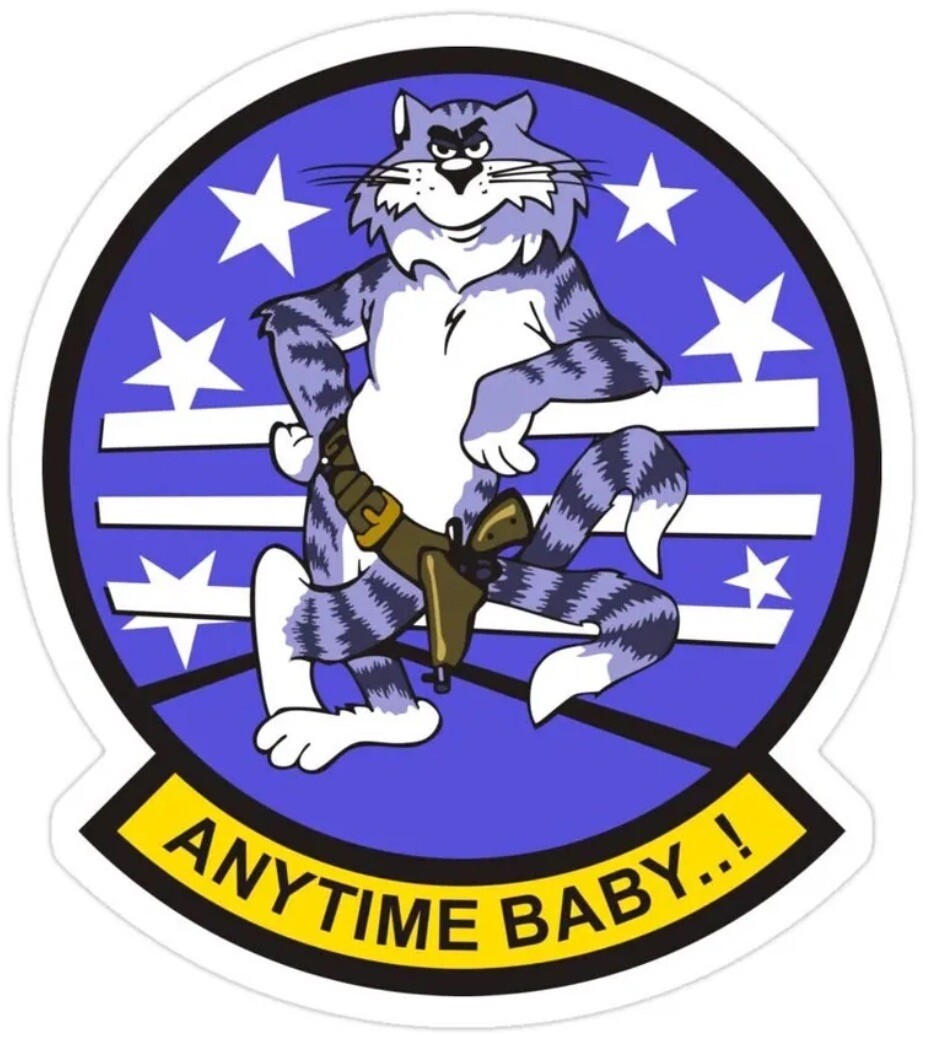 “Anytime Baby” F-14 Tomcat Logo Die Cut Laminated Vinyl Decal Multiple Sizes
