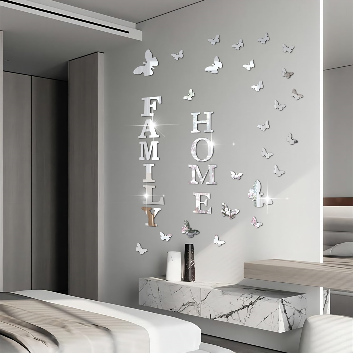 60Pcs Mirror Butterfly Wall Decor Set Self Adhesive Removable Home Art Decals