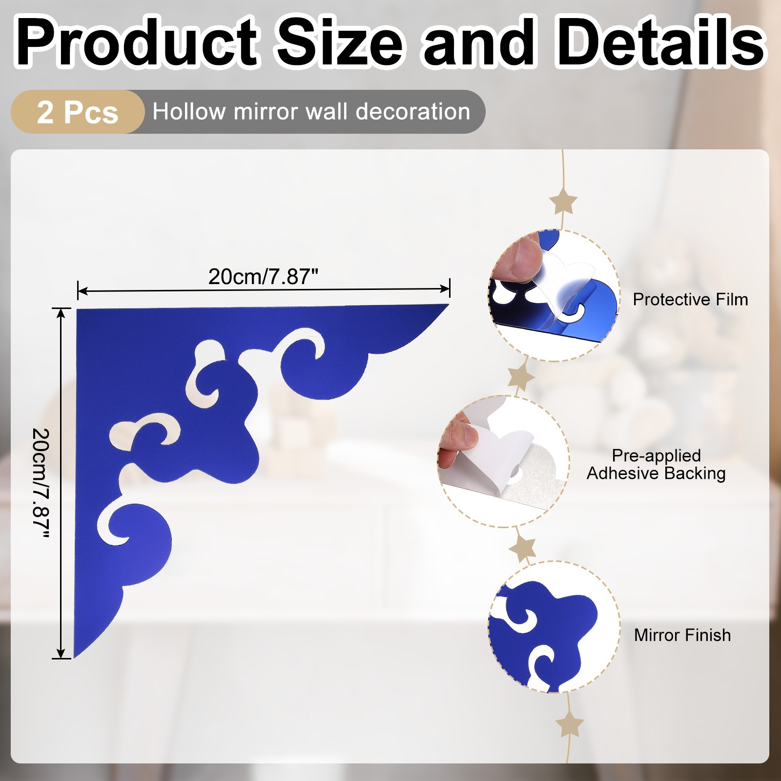 2Pcs Corner Decorative Pattern Hollow Mirror Wall Stickers(Dark Blue 7.9×7.9")