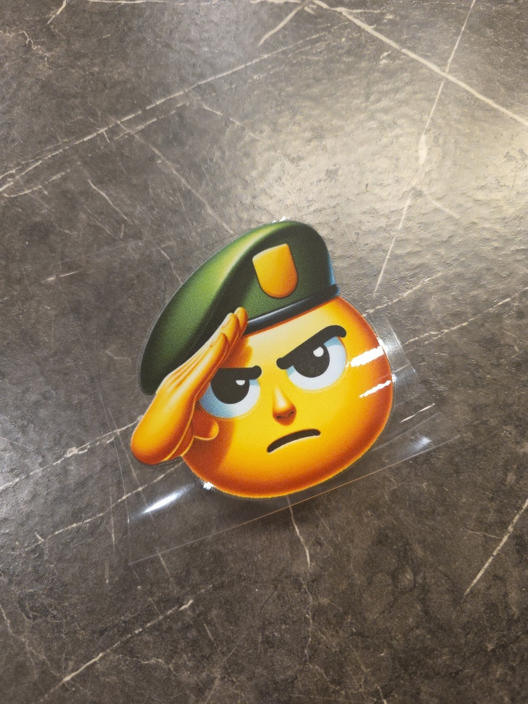 Smiley Face Soldier Salute Emoji UV DTF Decal Sticker In Full Color Waterproof