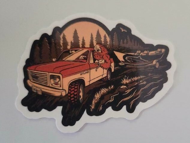 Bigfoot Driving SUV In Forest – Sticker Approx. 1 1/2" x 2 1/4" Glossy