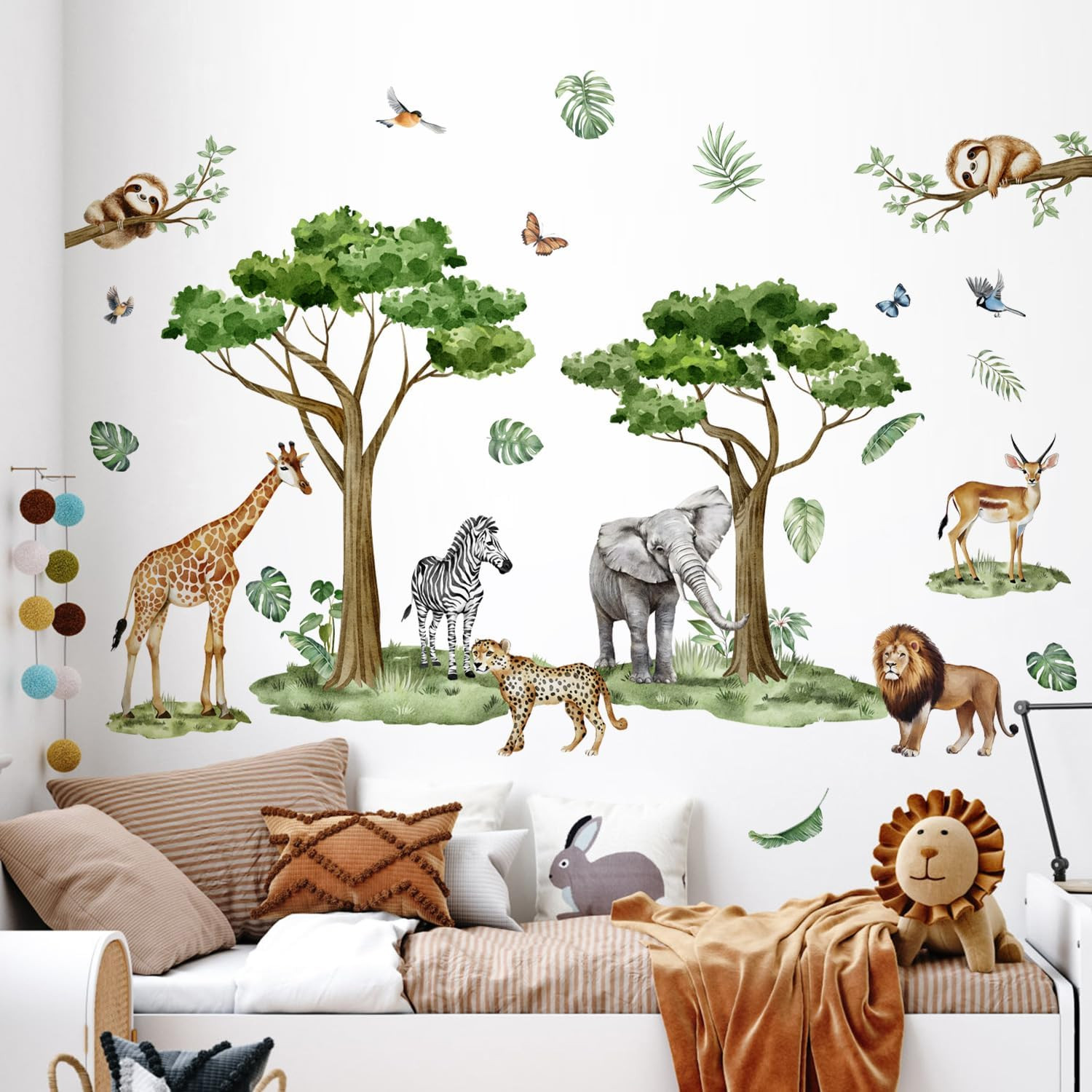 Watercolor Safari Animals Tree Wall Decals Removable Jungle Giraffe Lion Elephan