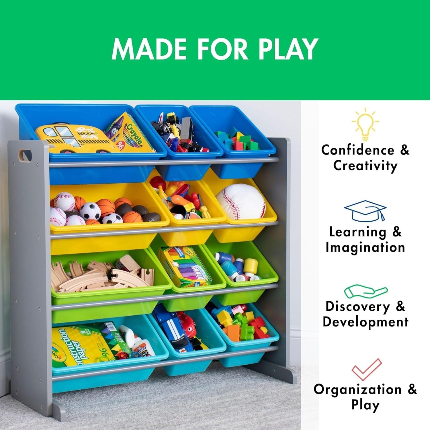 Kids Toy Storage Organizer with 12 Plastic Bins, Grey/Blue/Green/Yellow – Remova
