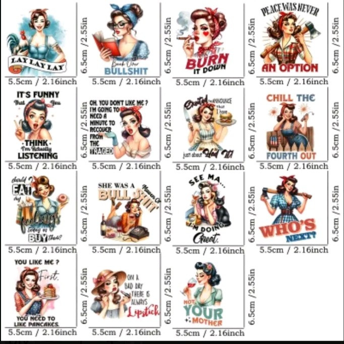 UV DTF decal Set 5 Vintage Sassy Women Self-Adhesive Sheets 15 Stickers 2×2