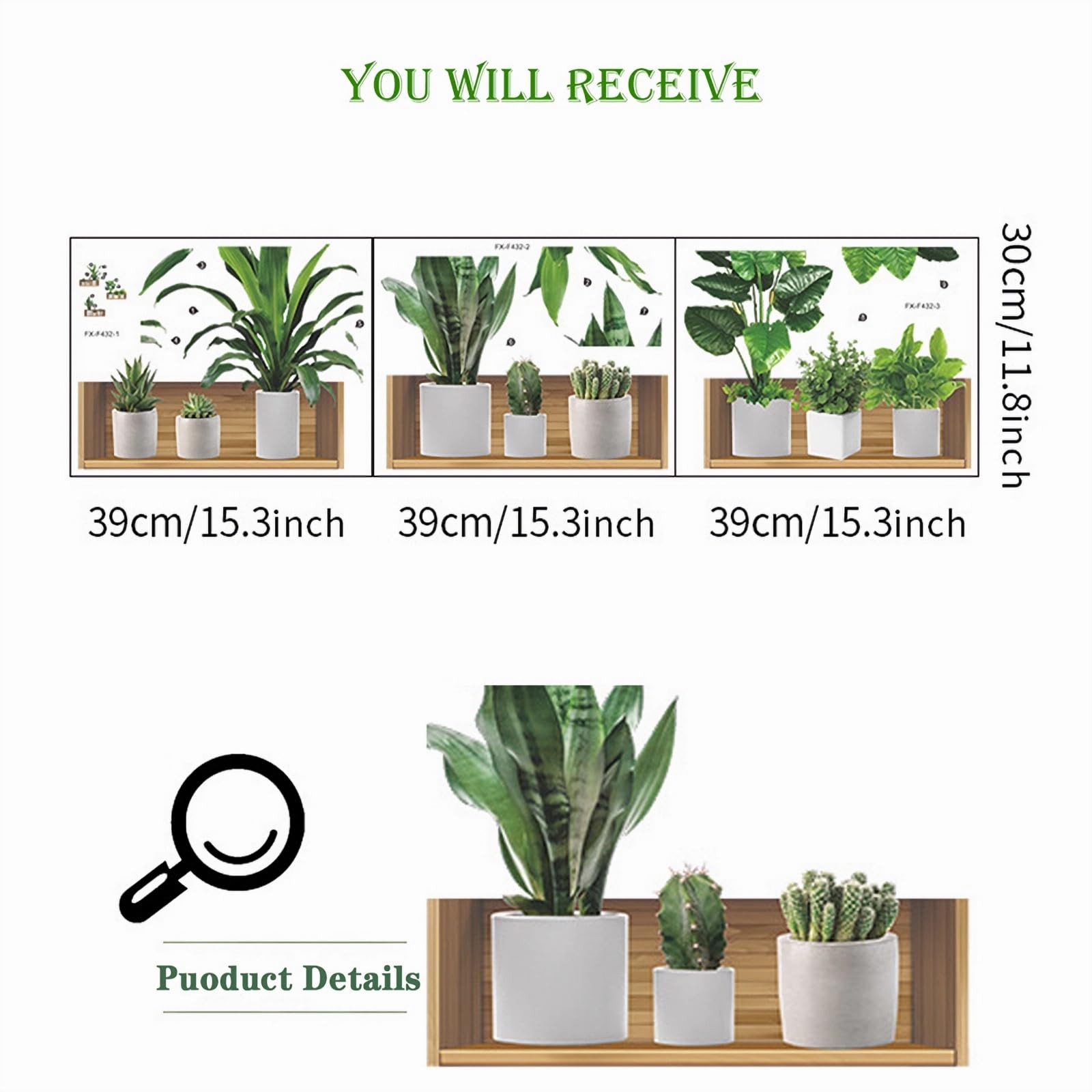 Green Plants Potted Wall Stickers, Green Leaves Cactus Succulent DIY Wall Dec…
