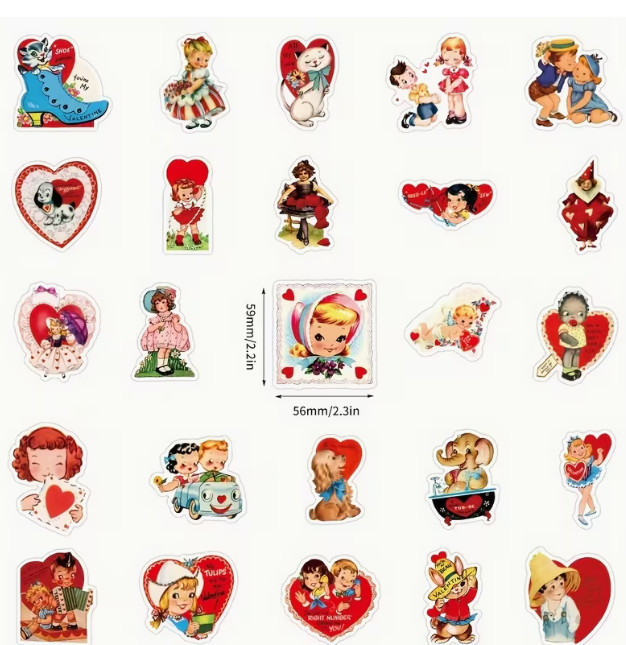 50 PC PACK RETRO VALENTINE'S DAY STICKERS VINTAGE LOOK LAPTOPS PHONES CRAFTS