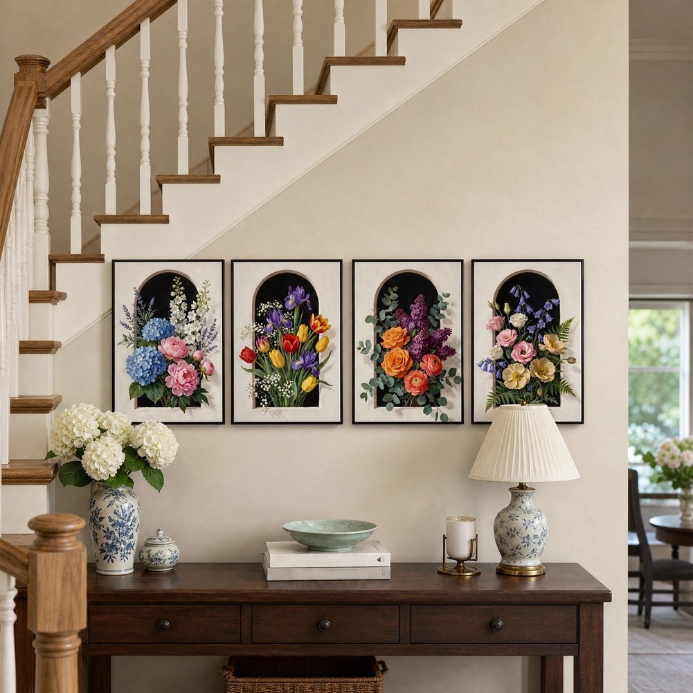 Arch Window Floral Wall Art 4 Pack Canvas Prints 11.81×15.74in Indoor Decor