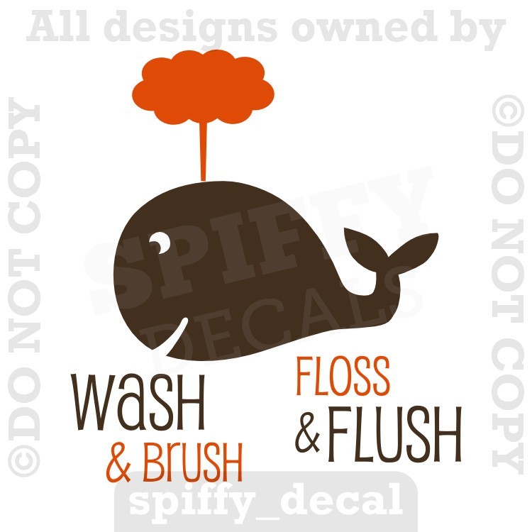 Wash Brush Floss Flush Whale Bathroom Vinyl Wall Decal Quote Decor Sticker