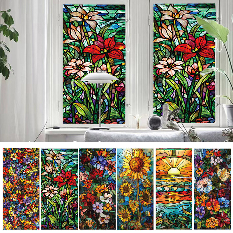 Flower Stained Glass Window Film Privacy Frosted Glass Film Static Cling Sticker