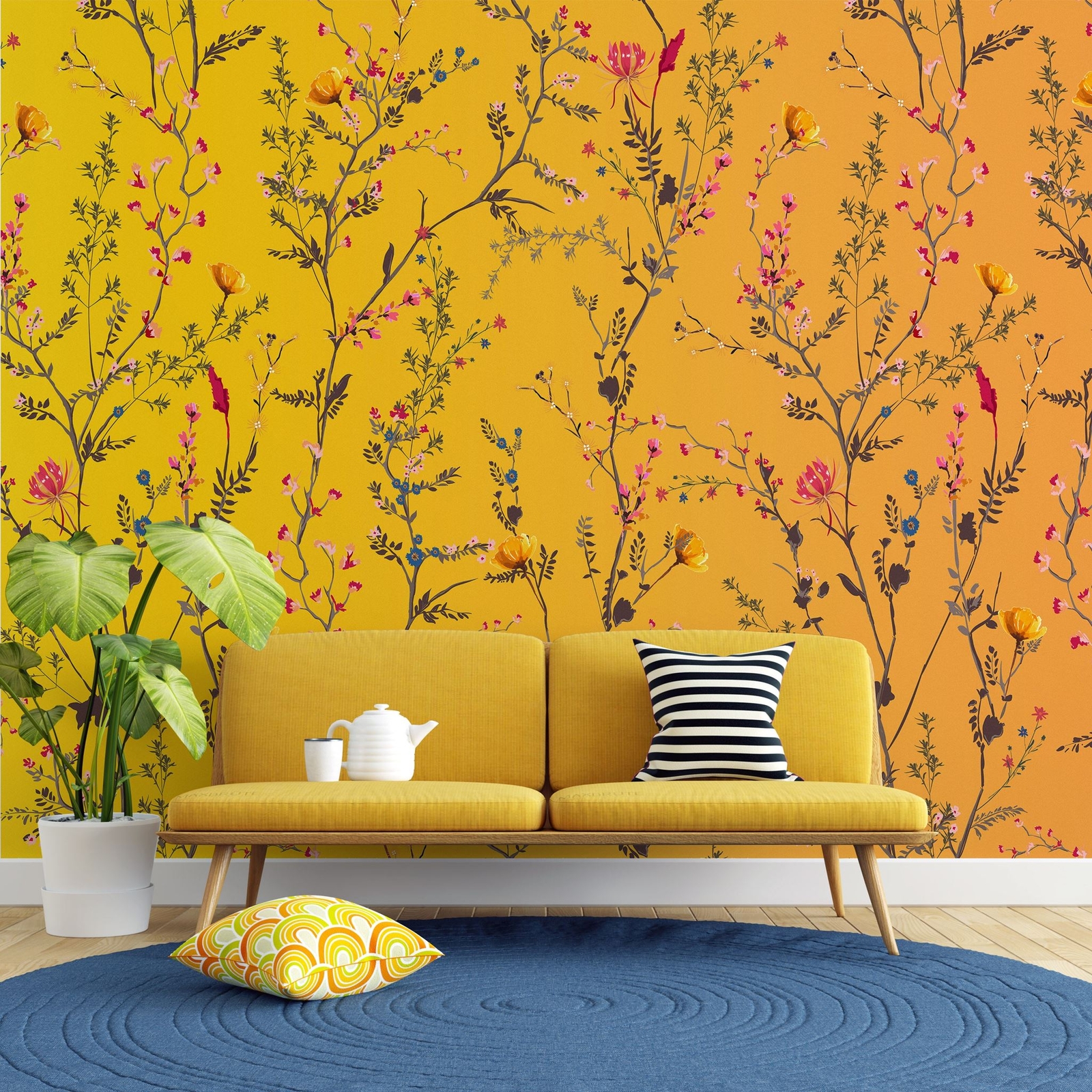 Botanical Flower Garden With Yellow Orange Background Wall Mural. Blossom Flower