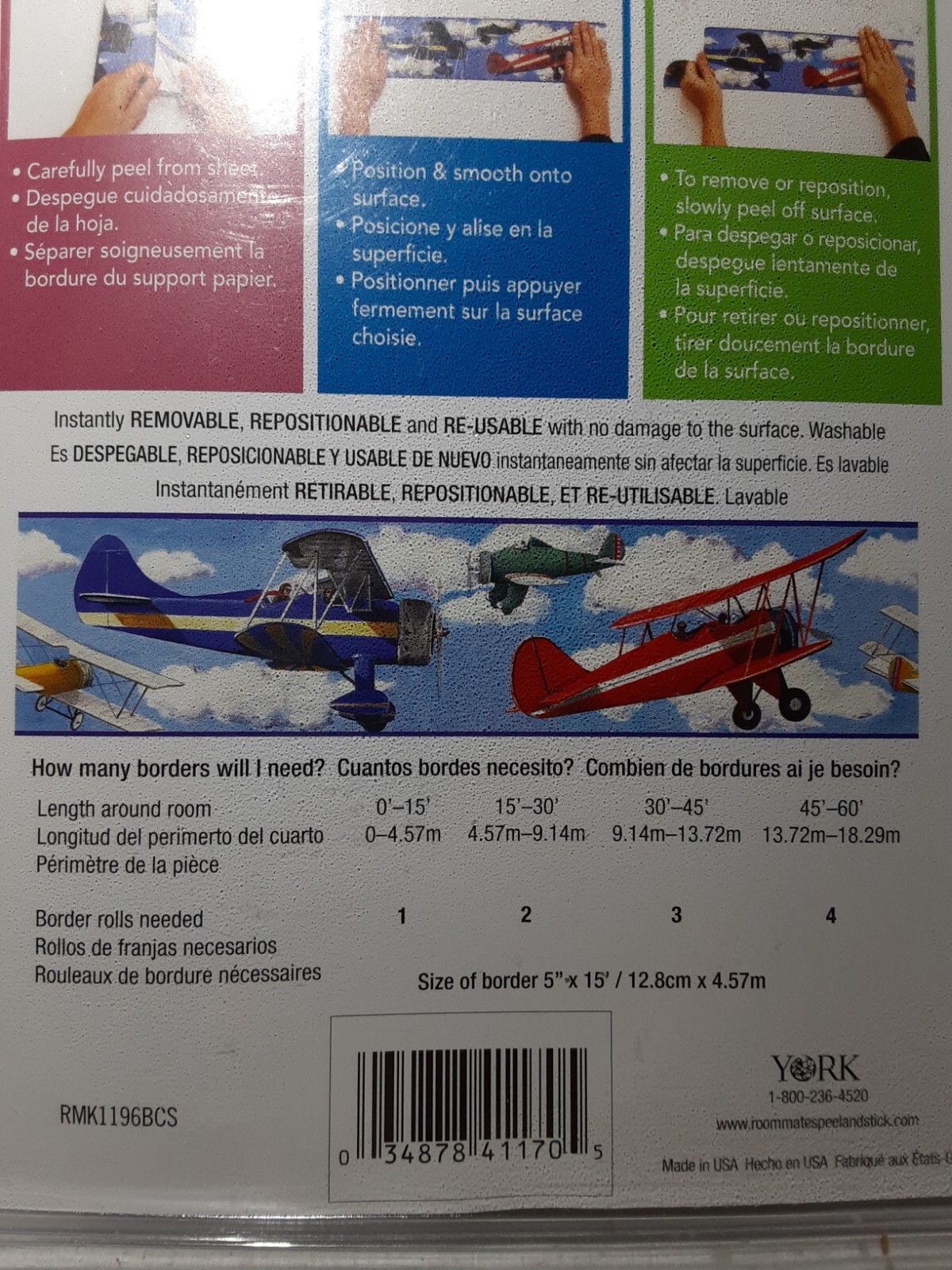 NEW RoomMates for Kids Airplanes Planes Vinyl Removable Peel Stick Border 5"x15'