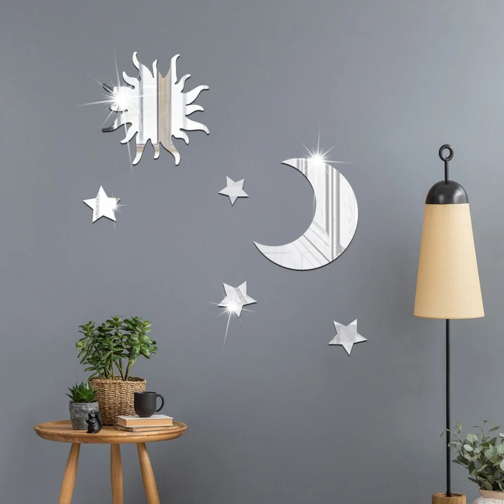 Star Moon Combination Mirror Stickers 6PCS Acrylic Stereo Self Adhesive Wall Art