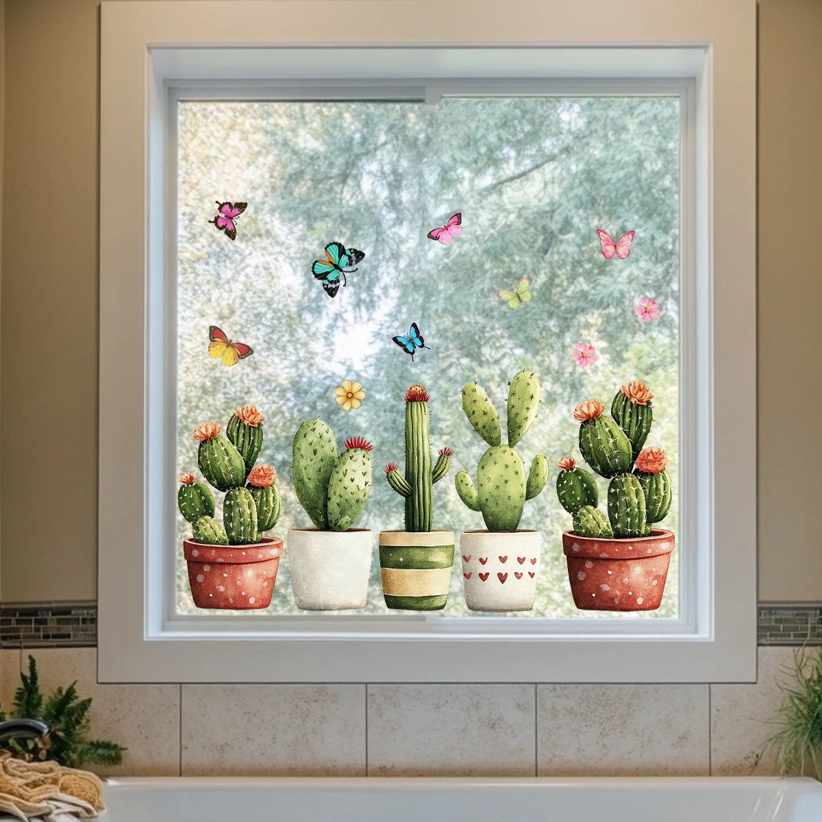 Lifelike Cholla Window Cling PVC Static Decal for Home Office Shop Decor
