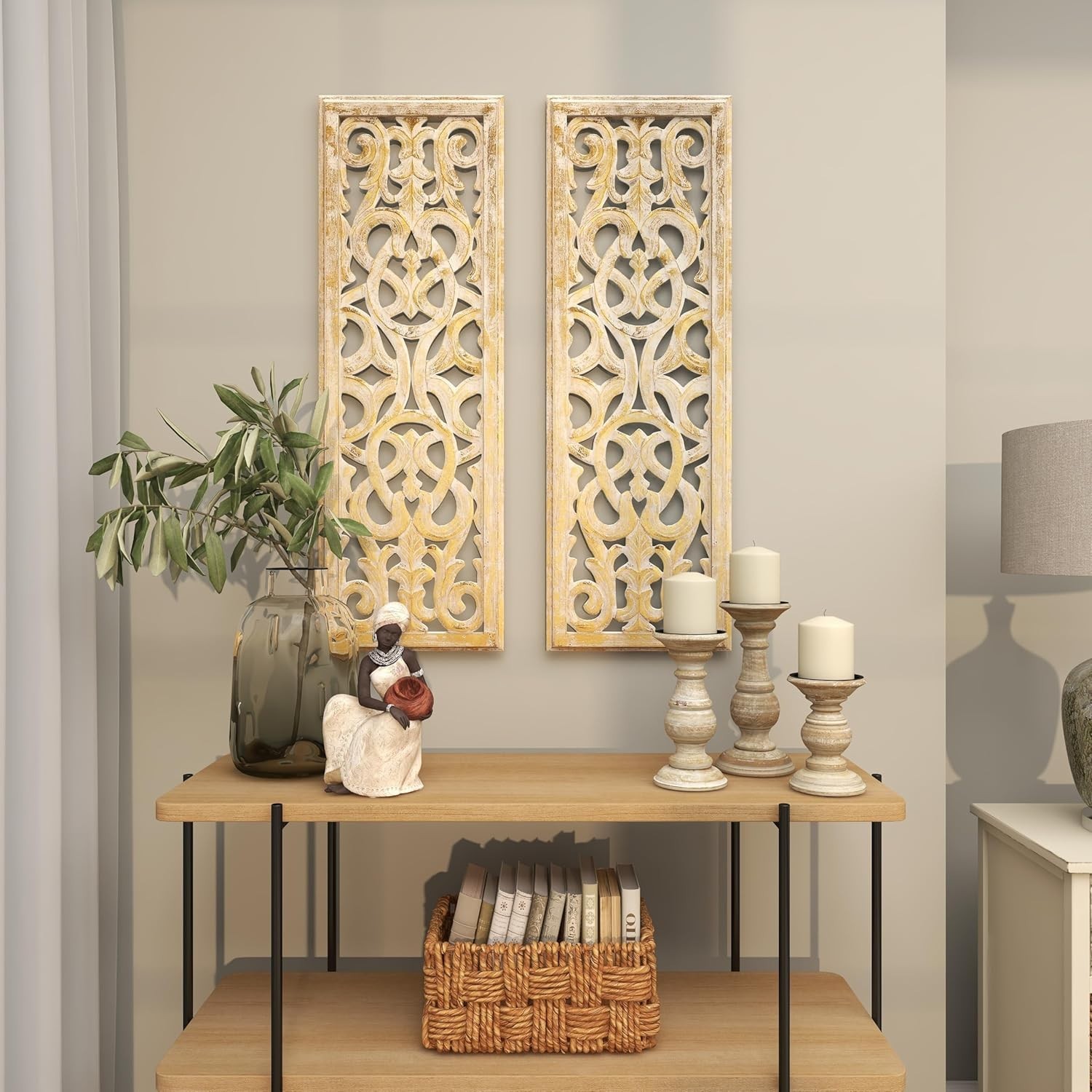 Hand-Carved Floral Wall Sculpture in Gold, 36" x 12" for Elegant Decor
