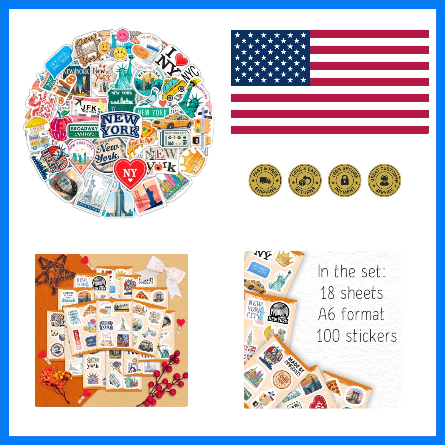 100Pcs New York Stickers for Scrapbooking, Laptop, Water Bottle, NYC Stickers…