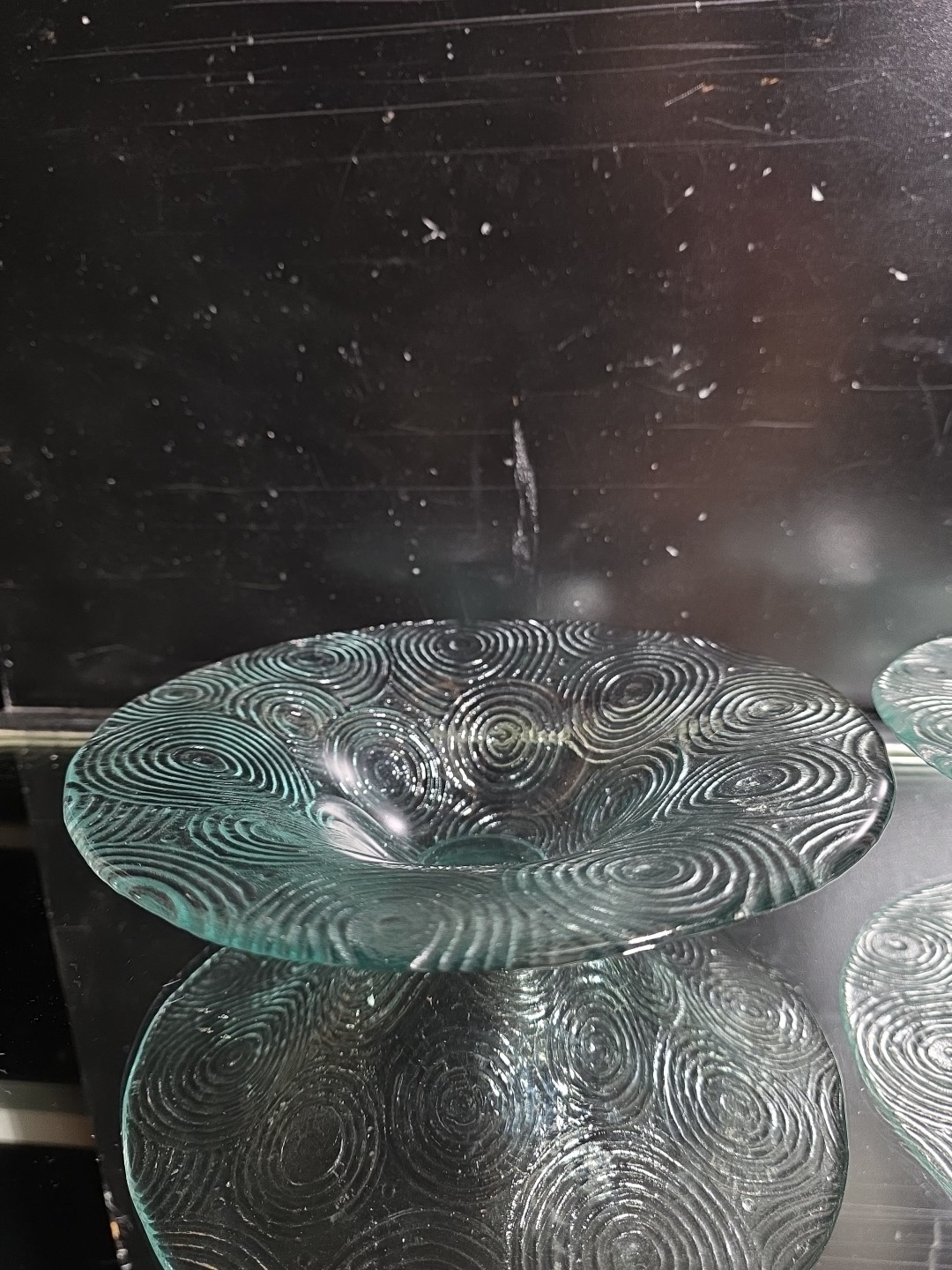 Vintage Clear Glass Pedestal Bowl Concentric Swirl Spiral Textured Art Glass 9"