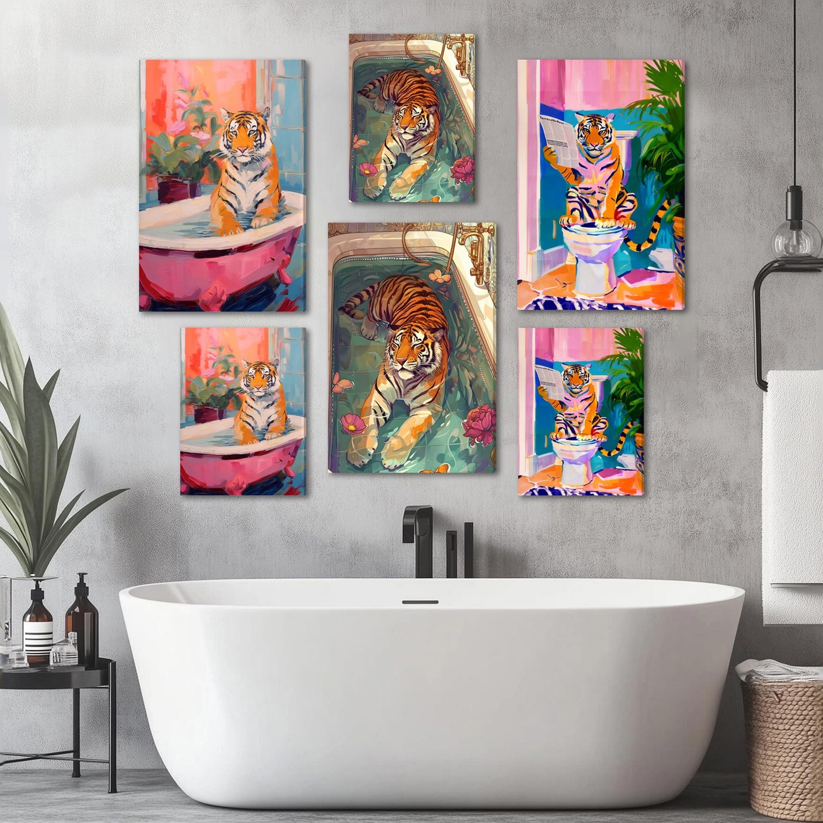 FWAHREN Tiger on Toilet Funny Bathroom Wall Art, Eclectic Cute Animal Paintin…