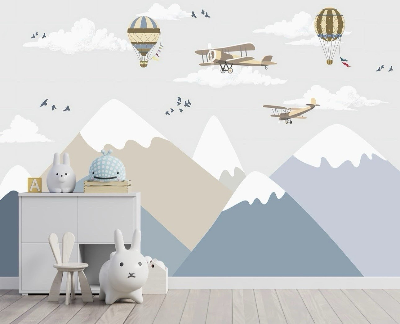 Vinyl Mountain & Hot Air Balloon Wall Decal, Removable Kids Bedroom Decor