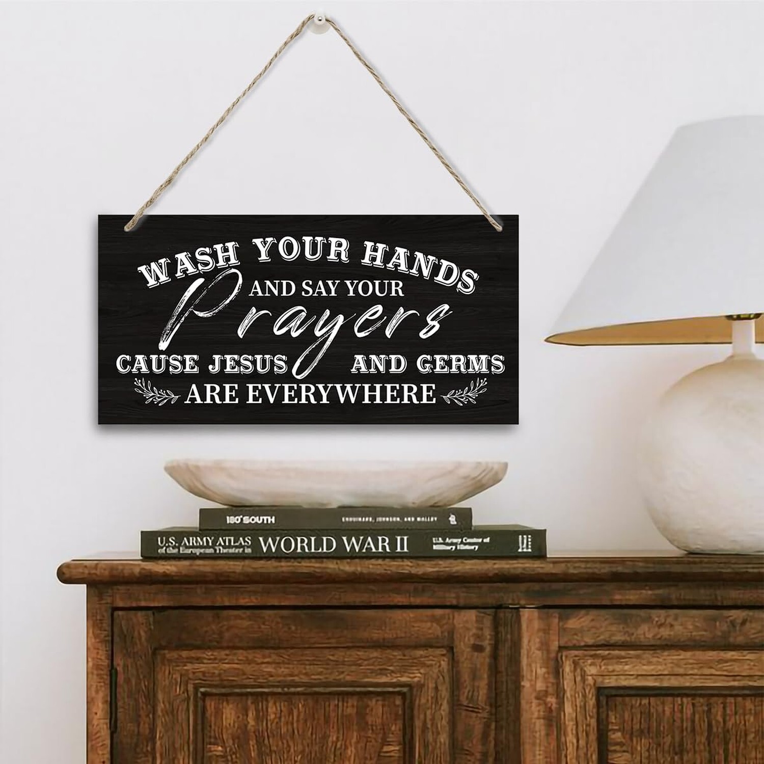 Wash Your Hands And Say Your Prayers Sign, Printed Wood Plaque Sign Wall Hang…