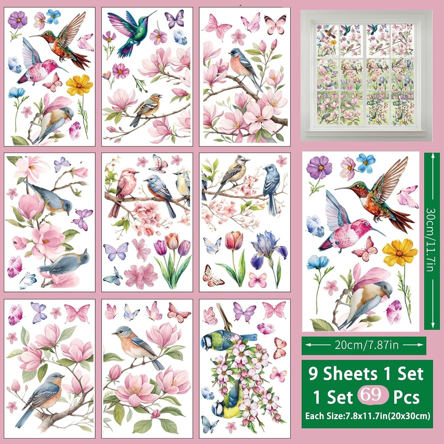 Spring Window Cling Sticker – 78PCS Tulip Butterfly Flower Hummingbirds Windo…