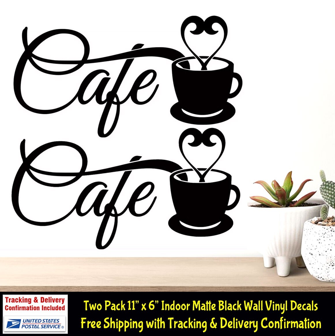 CAFE Coffee Cup Walls Door Mirror Two Indoor Removable Matte Black Vinyl Decals